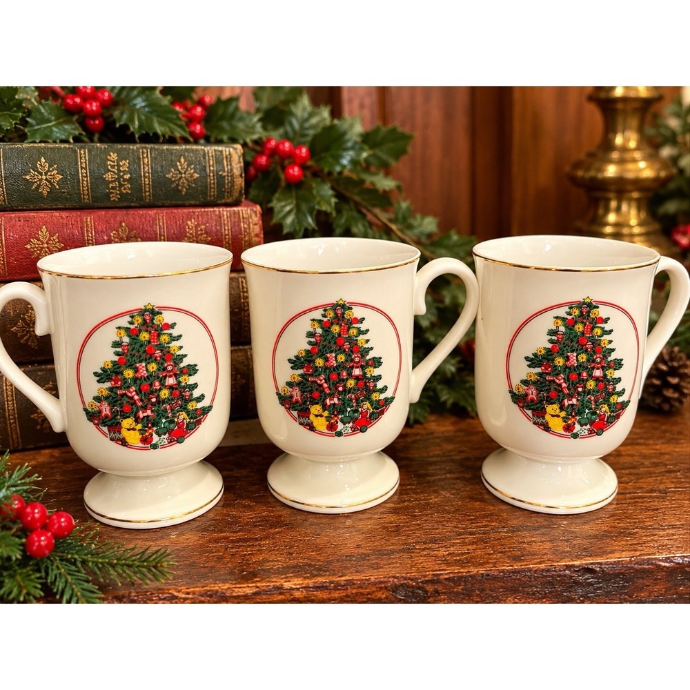 3 Carson Pirie Scott Christmas Pedestal Mugs Set Vintage 4.5" Holiday Porcelain